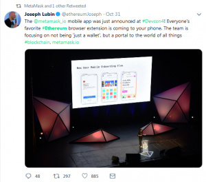 Joe Lubin's tweet announcing new crypto wallet app
