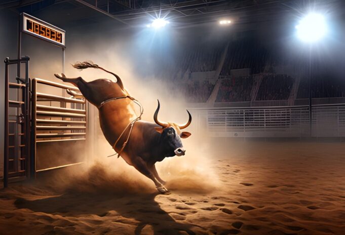 Depicting a bull stumbling through the gate when entering the arena, referring to Bitcoin's recent slump in the run-up to the Bitcoin halving.
