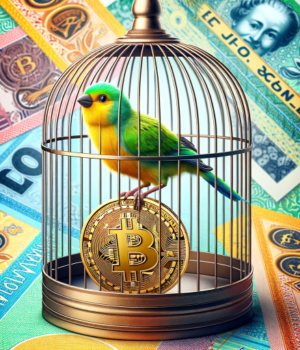 Depicting a canary bird in a cage, standing on the edge of a bitcoin. Fiji moved to outlaw crypto investments and crypto payments