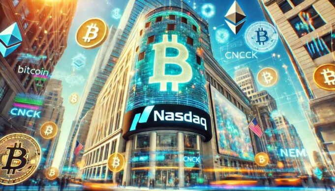 Nasdaq building in New York City with vibrant LED screens displaying 'Coincheck Nasdaq' and cryptocurrency icons, symbolizing Coincheck's public debut on the global market.