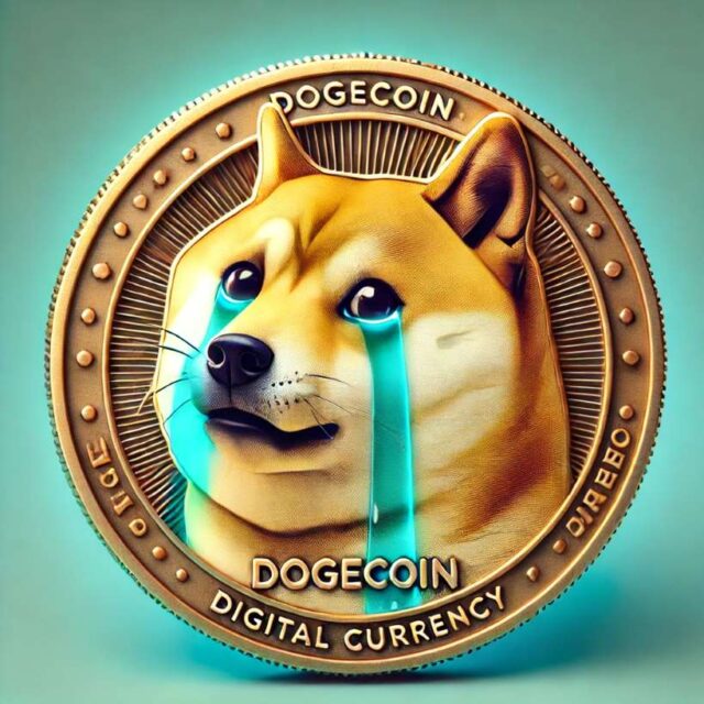 Dogecoin fell victim to an attack with 69% of its nodes crashing. The iconic Shiba Inu dog is sad, with tears streaming down its face.