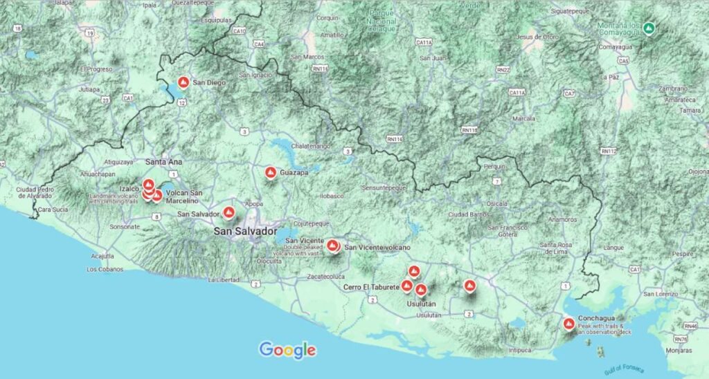 Geographical map of volcanoes in El Salvador.