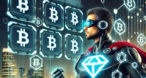 Unmasking ‘Excite’: Inside the $16M Crypto Heist and the Hunt for Justice Futuristic superhero blockchain investigator analyzing holographic blockchain data to trace stolen funds from the $16M Crypto Heist.