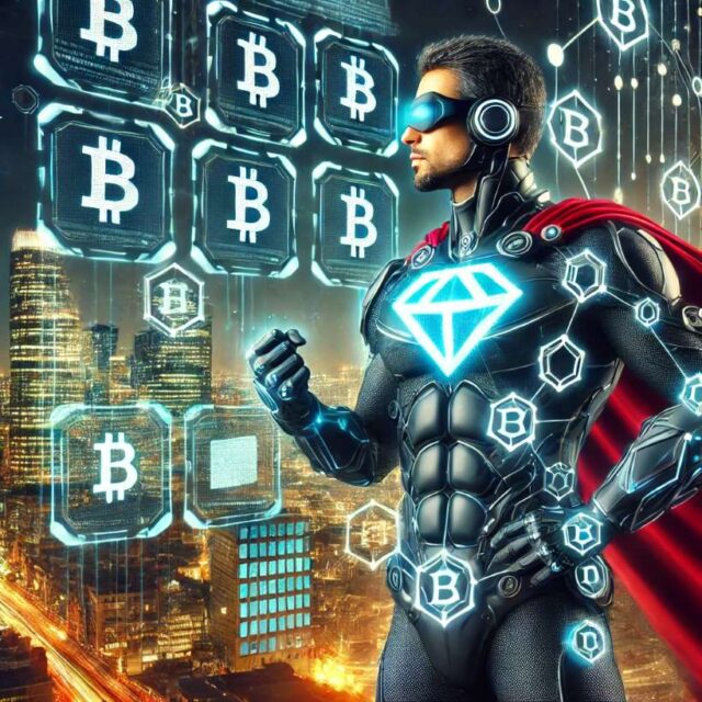 Futuristic superhero blockchain investigator analyzing holographic blockchain data to trace stolen funds from the $16M Crypto Heist.