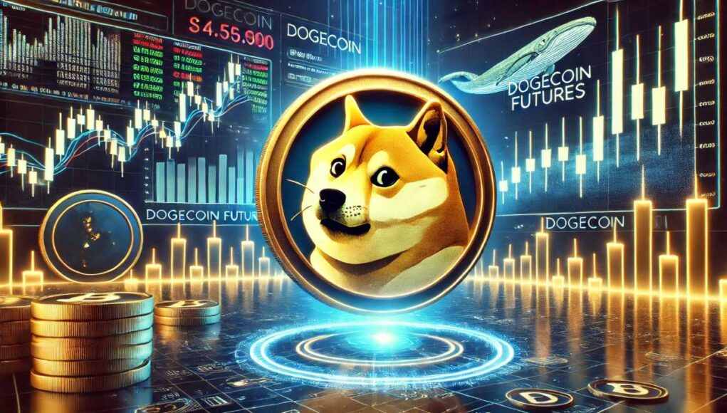 A futuristic digital chart featuring the Dogecoin logo, a rising price graph, and trading screens displaying "Dogecoin futures" with candlestick patterns in a neon-lit market setting.