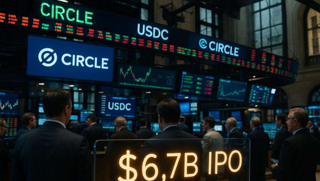 Traders observe digital tickers and monitors on the New York Stock Exchange floor during the Circle IPO listing, with USDC and $6.7B IPO graphics displayed.