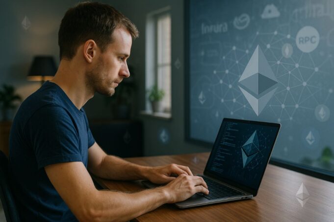 A man working on a laptop in a well-lit home office, running an Ethereum stateless node, with Ethereum logos and a decentralized network interface visible on the screen and wall.