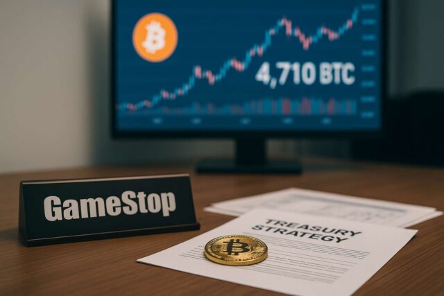 GameStop Bitcoin purchase visual showing office desk with Bitcoin coin, treasury documents, and screen displaying 4,710 BTC and price chart.