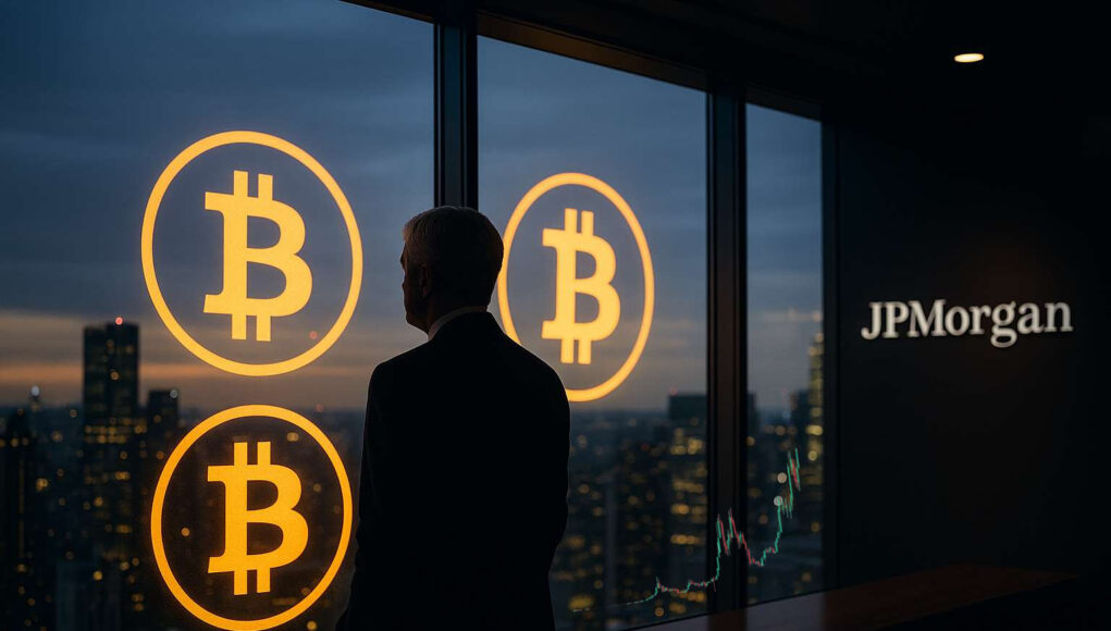 Jamie Dimon silhouette overlooking skyline with Bitcoin symbols reflected on glass at JPMorgan headquarters