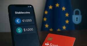Santander’s Stablecoin Move: Retail Crypto Meets Regulation in Europe’s TradFi Shift Smartphone displaying euro and dollar stablecoin balances next to a Santander debit card, with EU flag in background symbolizing MiCA-compliant crypto access.