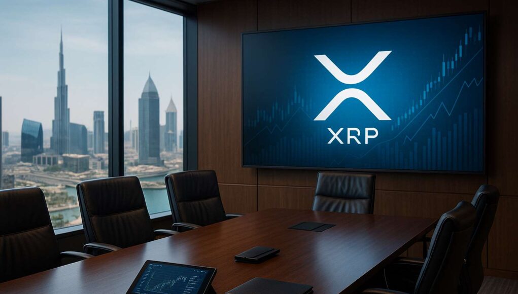 Photo-realistic image of a corporate boardroom with XRP logo on a digital screen, symbolizing VivoPower’s XRP treasury strategy and institutional crypto adoption.