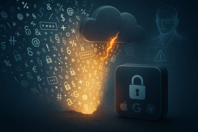 Illustration of a massive password breach showing glowing symbols, lock icons, and password fields spilling from a cracked cloud server toward a vulnerable crypto wallet, with Apple, Google, and Telegram logos faintly visible and a holographic CZ figure in the background.