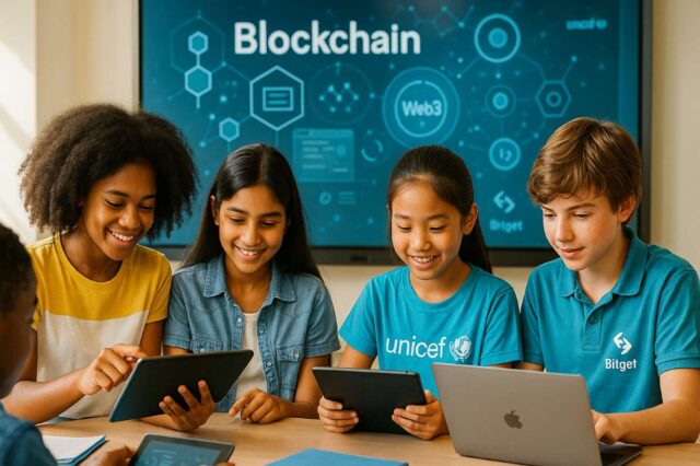 A diverse group of young students using tablets and laptops in a modern classroom, with a digital screen behind them displaying blockchain and Web3 graphics. The scene represents the Bitget UNICEF partnership focused on blockchain education for youth.