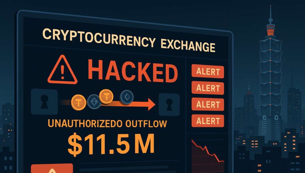 Digital illustration of a cryptocurrency exchange cyberattack showing “HACKED” alerts and a $11.5M unauthorized outflow, with Taipei 101 in the background — representing the BitoPro hack.