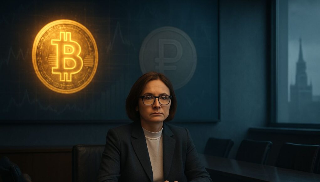 Photo-realistic illustration of a serious Russian central bank official seated in a modern boardroom, with Bitcoin and Ruble symbols on a digital screen and the Kremlin faintly visible through the window, illustrating the Central Bank of Russia's cautious crypto stance.