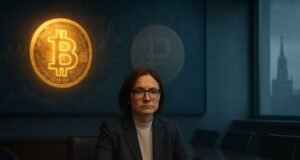 The Central Bank vs. the Market: Who’s Steering Russia’s Crypto Direction? Photo-realistic illustration of a serious Russian central bank official seated in a modern boardroom, with Bitcoin and Ruble symbols on a digital screen and the Kremlin faintly visible through the window, illustrating the Central Bank of Russia's cautious crypto stance.
