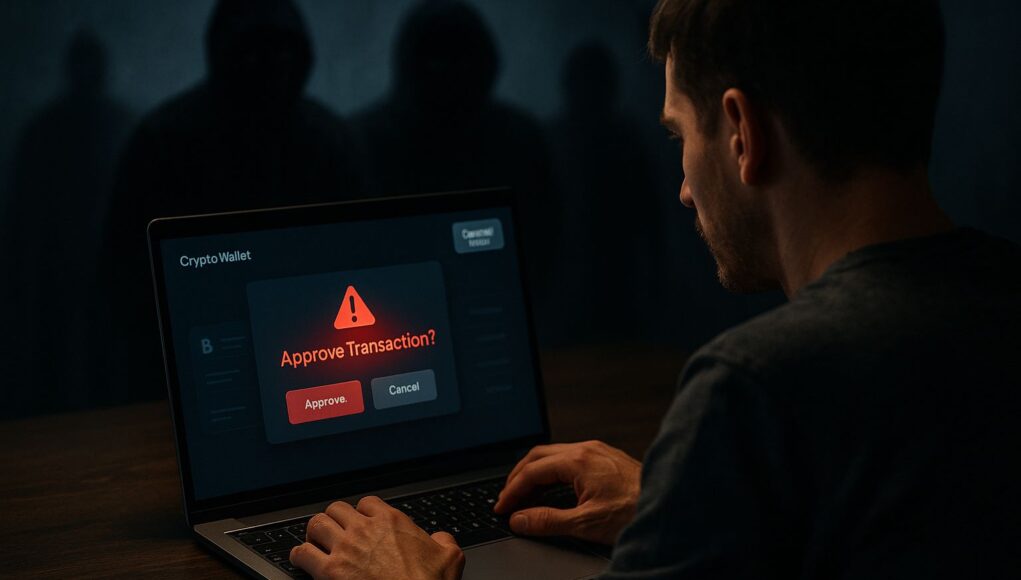 A man sits at a desk in low light, staring at a laptop screen displaying a suspicious crypto wallet approval request. Hooded figures loom in the background, symbolizing the threat of crypto social engineering attacks.