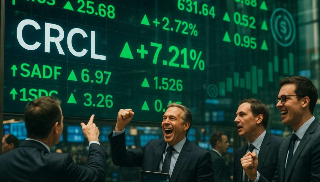 Traders celebrate on the NYSE floor as CRCL leads a Circle stock surge, with green tickers displaying strong post-IPO gains and rising crypto market confidence.
