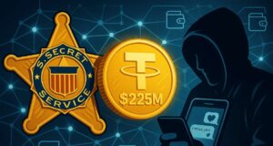 U.S. Recovers $225M in Tether with Coinbase Help in Largest Pig Butchering Crypto Bust Illustration of a U.S. Secret Service badge, a $225M Tether (USDT) coin, and a hooded scammer texting “I miss you,” representing a pig butchering scam and crypto fraud crackdown.