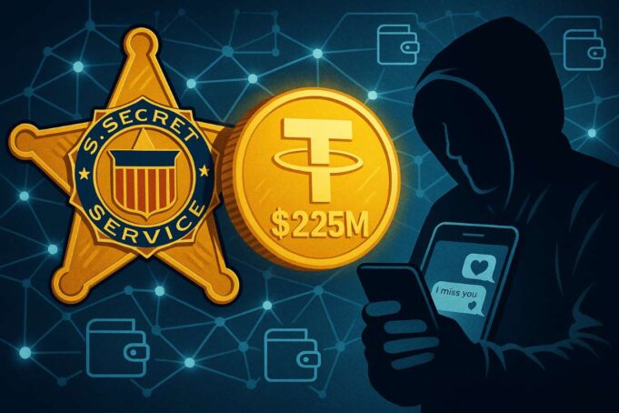 Illustration of a U.S. Secret Service badge, a $225M Tether (USDT) coin, and a hooded scammer texting “I miss you,” representing a pig butchering scam and crypto fraud crackdown.