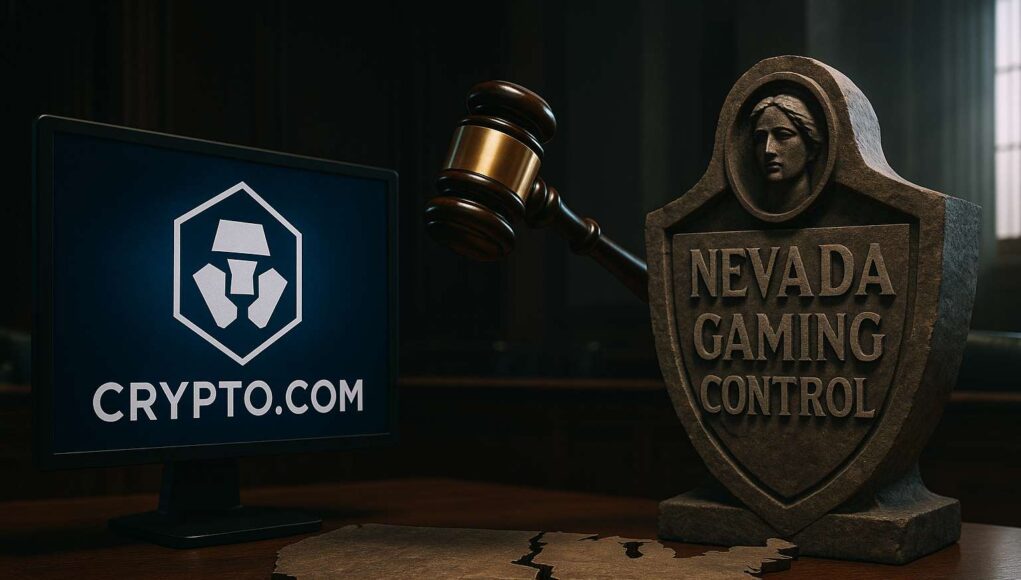Photo-realistic courtroom scene depicting the Crypto.com Nevada lawsuit, with a gavel suspended between a Crypto.com logo and a Nevada Gaming Control emblem, symbolizing the legal clash over prediction markets.