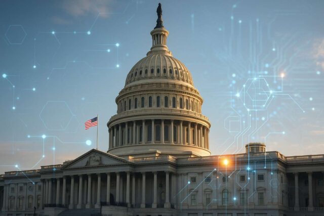Photo-realistic image of the U.S. Capitol building with an American flag, overlaid with glowing blockchain nodes and circuit patterns, representing the national blockchain strategy under the Deploying American Blockchains Act of 2025.