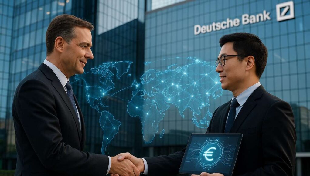 Photo-realistic illustration of two business professionals shaking hands outside Deutsche Bank headquarters, symbolizing a fintech partnership, with a digital euro stablecoin symbol and global payment network overlay, illustrating Deutsche Bank stablecoin collaboration with Ant International.
