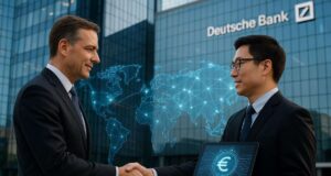 Deutsche Bank and Ant International Join Forces as Stablecoin Ambitions Rise Photo-realistic illustration of two business professionals shaking hands outside Deutsche Bank headquarters, symbolizing a fintech partnership, with a digital euro stablecoin symbol and global payment network overlay, illustrating Deutsche Bank stablecoin collaboration with Ant International.