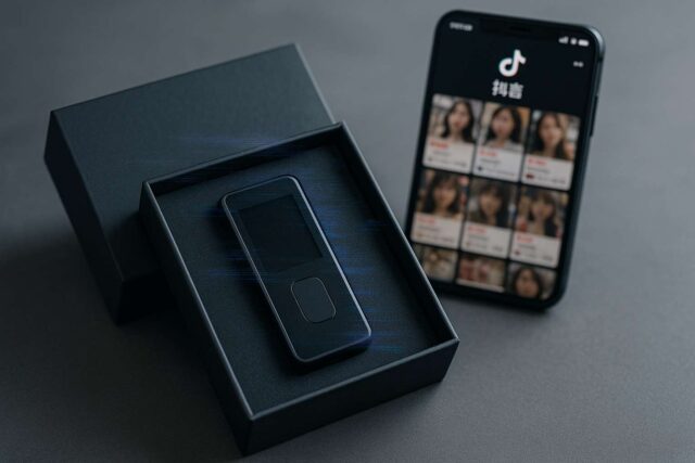 A tampered cold wallet device displayed in an open box next to a smartphone showing the Douyin shopping app, illustrating a Douyin cold wallet scam.