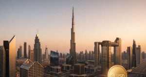 Dubai Approves Ripple’s RLUSD: Stablecoin to Power Real Estate and Finance in DIFC Digital illustration of Dubai’s DIFC skyline at sunset featuring the Burj Khalifa, with a small RLUSD stablecoin symbol in the lower right corner, representing crypto adoption.