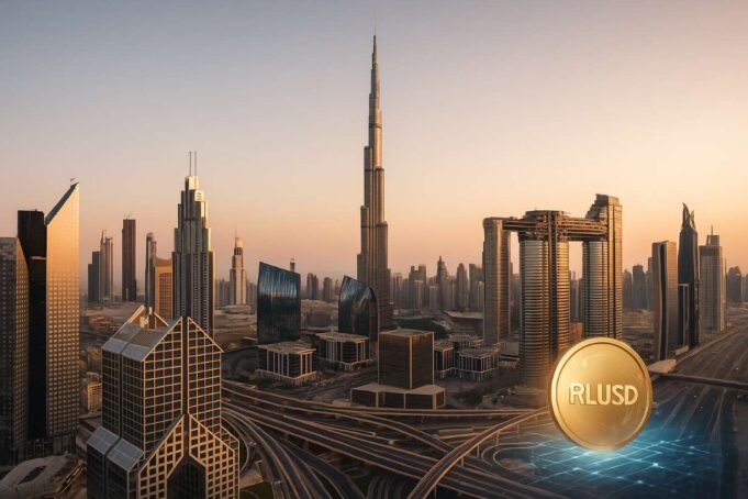 Digital illustration of Dubai’s DIFC skyline at sunset featuring the Burj Khalifa, with a small RLUSD stablecoin symbol in the lower right corner, representing crypto adoption.
