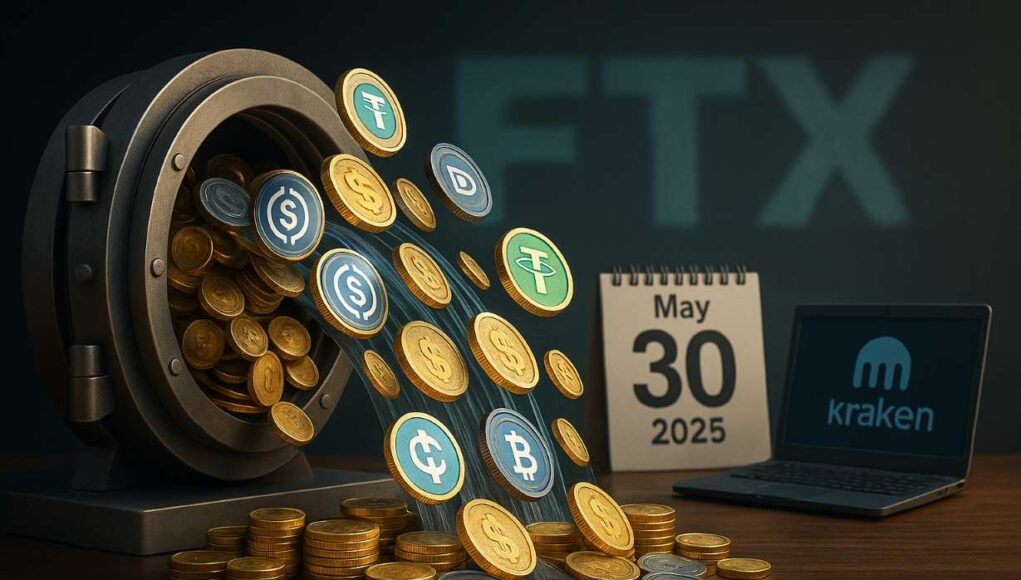 Open digital vault releasing USDC and USDT coins with Kraken terminal and May 30, 2025 calendar, symbolizing FTX stablecoin creditor payout.