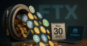 FTX Commences $5 Billion Creditor Repayment in Stablecoins Open digital vault releasing USDC and USDT coins with Kraken terminal and May 30, 2025 calendar, symbolizing FTX stablecoin creditor payout.