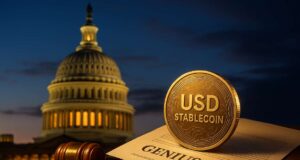 Senate Passes Genius Act: A Milestone for Stablecoin Regulation Amid Political Tensions A photo-realistic image of the U.S. Capitol at dusk, featuring a USD Stablecoin coin and a Genius Act document in the foreground. A gavel and regulatory checklist highlight the theme of crypto legislation, visually representing the Genius Act stablecoin regulation.