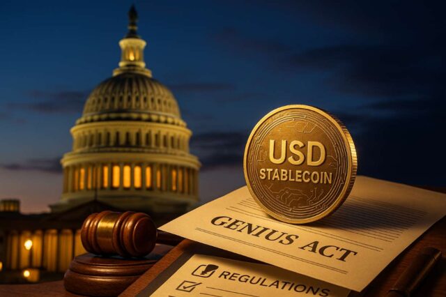 A photo-realistic image of the U.S. Capitol at dusk, featuring a USD Stablecoin coin and a Genius Act document in the foreground. A gavel and regulatory checklist highlight the theme of crypto legislation, visually representing the Genius Act stablecoin regulation.