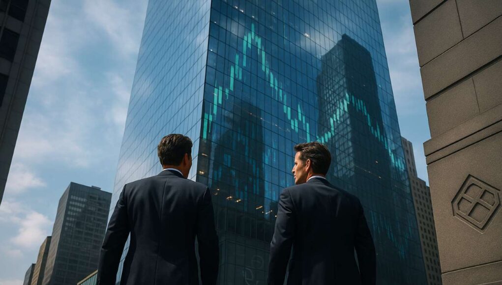 Photo-realistic image showing two suited businessmen resembling the Winklevoss twins walking toward a modern glass office tower in New York City, with reflections of digital financial charts on the building and subtle blockchain symbols etched into the architecture, symbolizing Gemini's IPO and crypto market legitimacy.