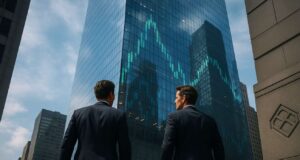 Gemini IPO Filing Highlights Financial Risks Amid $282M Loss in 2025 Photo-realistic image showing two suited businessmen resembling the Winklevoss twins walking toward a modern glass office tower in New York City, with reflections of digital financial charts on the building and subtle blockchain symbols etched into the architecture, symbolizing Gemini's IPO and crypto market legitimacy.