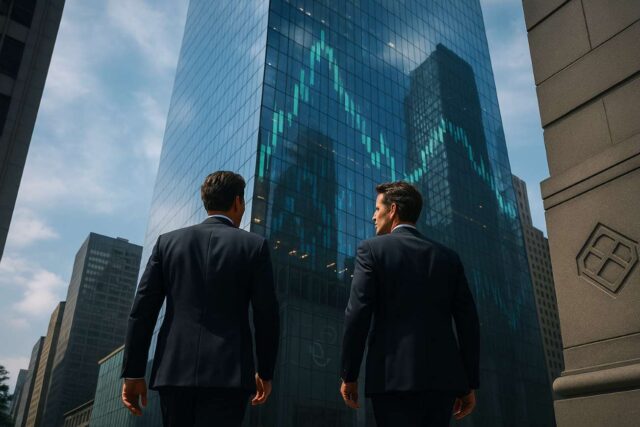 Photo-realistic image showing two suited businessmen resembling the Winklevoss twins walking toward a modern glass office tower in New York City, with reflections of digital financial charts on the building and subtle blockchain symbols etched into the architecture, symbolizing Gemini's IPO and crypto market legitimacy.