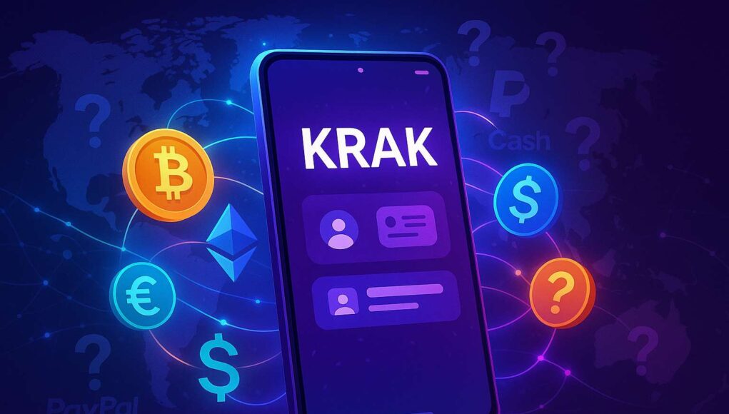 Digital illustration of the KRAK mobile app interface surrounded by cryptocurrency symbols (Bitcoin, Ethereum, USDC) and fiat currencies (€, $, £), with a glowing world map in the background and faded logos of PayPal and Cash App, representing global peer-to-peer payments and fintech disruption.