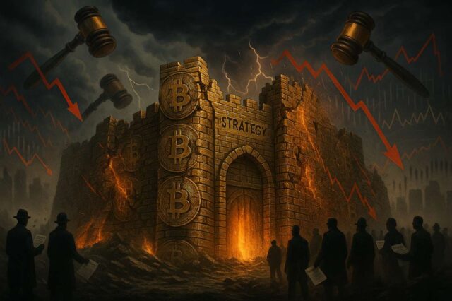 Digital illustration of a fortress made of stacked Bitcoin coins labeled "Strategy," under siege by legal gavels, stock chart crashes, and class action lawyers with subpoenas, symbolizing MicroStrategy's legal and financial pressure in June 2025.