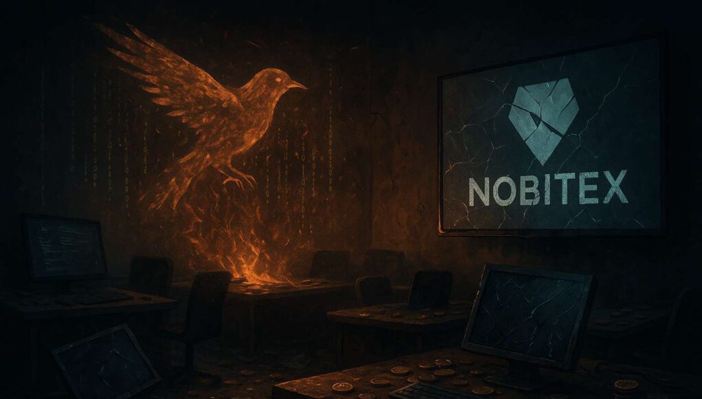 Photo-realistic illustration of an abandoned Nobitex crypto office after $90M hack, with broken monitors, scattered coins, and a fiery digital sparrow symbolizing Predatory Sparrow hackers, visualizing the Nobitex hack tied to the Israel-Iran cyber conflict.