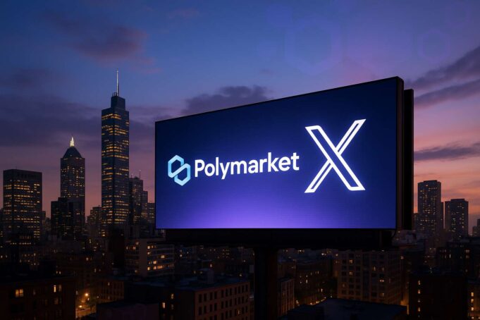 Billboard in a cityscape at dusk displaying Polymarket and X logos, symbolizing the Polymarket X partnership and its role in mainstreaming blockchain prediction markets.