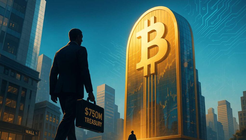 A digital illustration of Anthony Pompliano walking toward a towering Bitcoin-shaped skyscraper in a futuristic Wall Street setting, holding a briefcase labeled "$750M Treasury," with blockchain motifs and financial buildings in the background.
