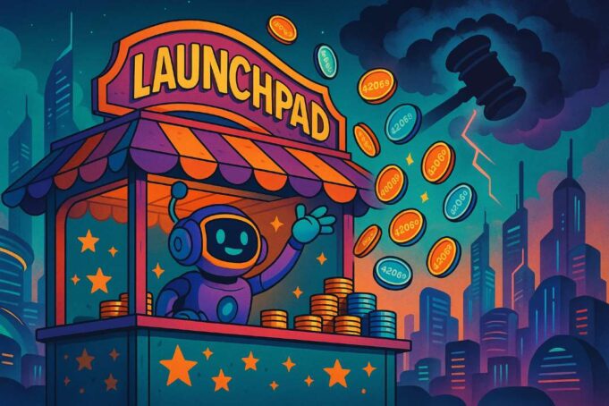 A vibrant digital illustration of a futuristic crypto carnival booth labeled "Launchpad," where a smiling robot tosses glowing PUMP tokens marked "420.69" into the air. In the background, a storm cloud shaped like a legal gavel looms over a neon-lit Solana-style cityscape, symbolizing Pump.fun's $1B token launch amid legal scrutiny.