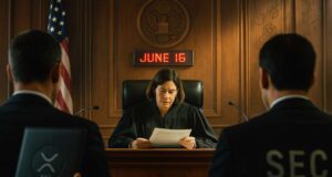 Ripple-SEC File Final Motion Ahead of June 16 Deadline A photo-realistic illustration of a courtroom scene representing the Ripple SEC lawsuit shows a female judge reading legal documents under a digital clock marked June 16, as silhouetted Ripple and SEC representatives face her. Subtle crypto symbols, including the XRP logo, appear in the setting, emphasizing the legal and financial-tech context.