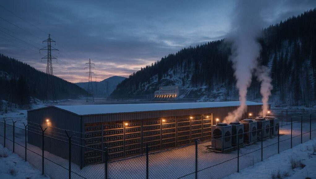 A photo-realistic image of a large industrial Bitcoin mining facility in Russia in a snowy Siberian landscape. Rows of mining rigs glow faintly behind a steel-mesh security fence, with plumes of vapor rising from the cooling units. In the distance, power lines stretch toward a hydroelectric plant framed by pine-covered hills and twilight skies. The atmosphere conveys regulated industrial scale and cold efficiency.