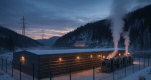 Mining the Motherland: How Russia Legalized and Curtailed Bitcoin Mining A photo-realistic image of a large industrial Bitcoin mining facility in Russia in a snowy Siberian landscape. Rows of mining rigs glow faintly behind a steel-mesh security fence, with plumes of vapor rising from the cooling units. In the distance, power lines stretch toward a hydroelectric plant framed by pine-covered hills and twilight skies. The atmosphere conveys regulated industrial scale and cold efficiency.