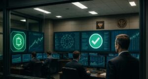 Public Tools, State Hands: Russia’s Quasi-Governmental Crypto Platforms A photo-realistic image of a secure fintech operations room in a Russian government building, showing blockchain dashboards and a suited executive observing tokenized asset controls, representing Russia crypto platforms under state supervision.