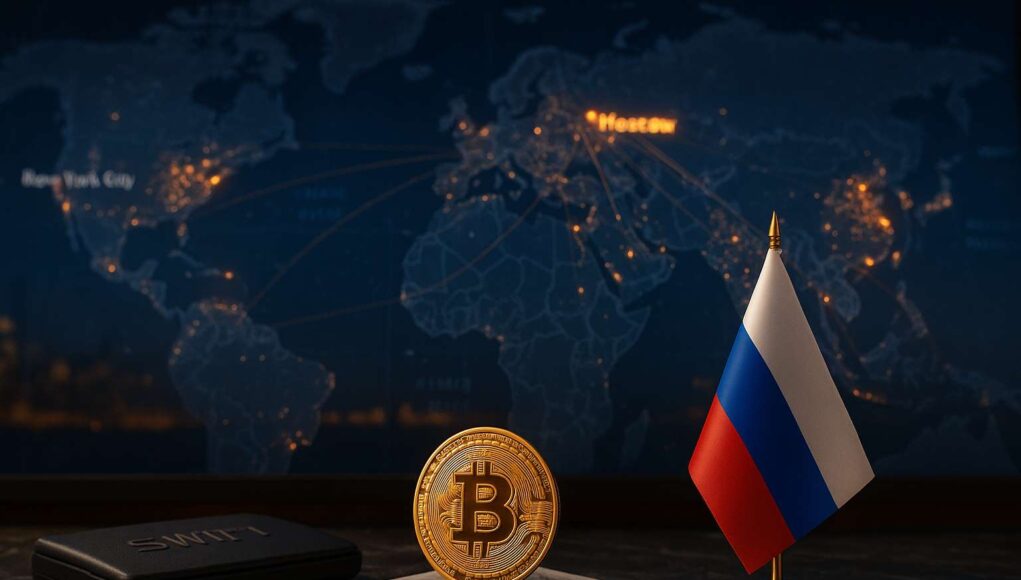 A photo-realistic image showing a glowing digital map with Moscow illuminated and data streams linking it to BRICS nations. In the foreground, a gold Bitcoin coin and Russian flag sit beside a closed SWIFT terminal, symbolizing Russia’s emerging crypto economy and financial decoupling.