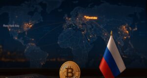 Sanctions, Sovereignty, and Satoshi: Is Russia Building a Parallel Crypto Economy? A photo-realistic image showing a glowing digital map with Moscow illuminated and data streams linking it to BRICS nations. In the foreground, a gold Bitcoin coin and Russian flag sit beside a closed SWIFT terminal, symbolizing Russia’s emerging crypto economy and financial decoupling.